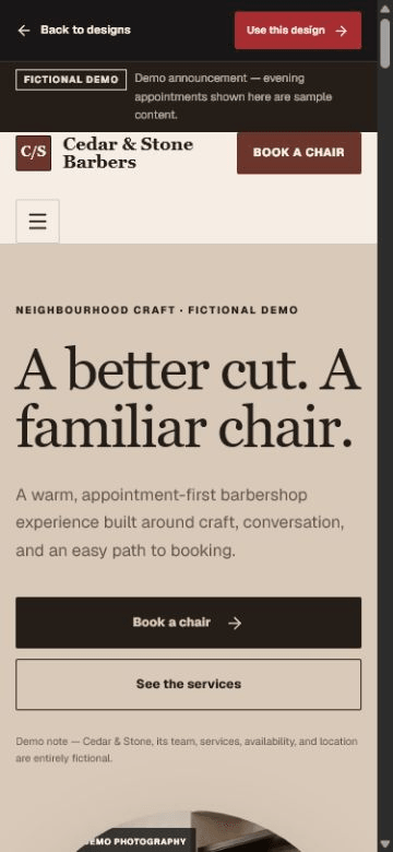 Cedar & Stone Barbers fictional mobile website demo